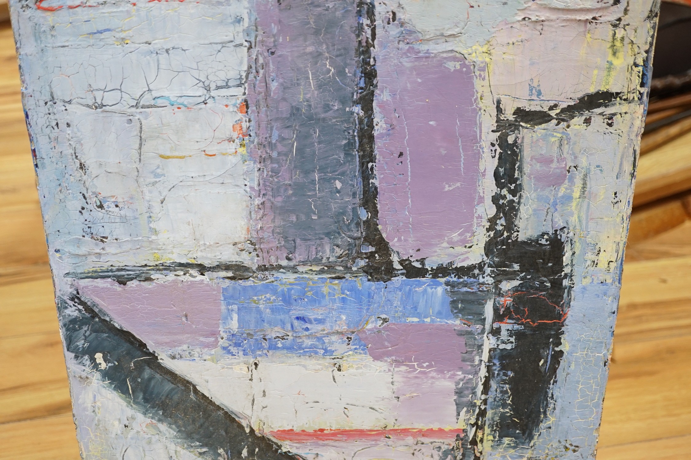 Modern British, oil on canvas, Abstract, signed Locquen and dated 1976, 80 x 40cm, unframed